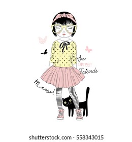 cute cartoon girl with cat, kid illustration