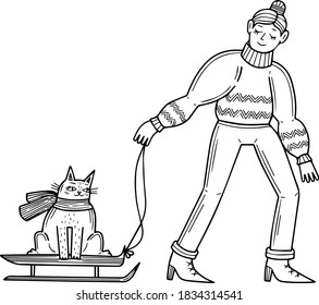 Cute cartoon girl and cat in winter sledges. Single design element. Clipart. Children's coloring. Line art, contour. Christmas theme, New Year, Winter. Scandinavian. Isolated on a white background.