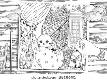 Cute cartoon girl with cat. Winter. Phonebooth door. Snowing. Adult Coloring book page. Firs. Christmas trees. Black and white. Black and white vector.