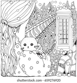 Cute cartoon girl with cat. Winter. Phone booth door. Snowing. Adult Coloring book page. Firs. Christmas trees. Black and white. Black and white vector.