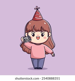 Cute cartoon girl celebrating new year or birthday party chibi kawaii