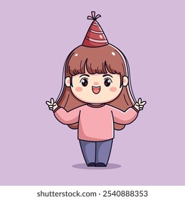 Cute cartoon girl celebrating new year or birthday party chibi kawaii