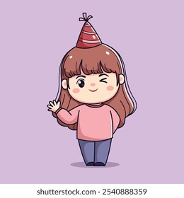 Cute cartoon girl celebrating new year or birthday party chibi kawaii