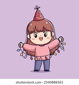 Cute cartoon girl celebrating new year or birthday party chibi kawaii