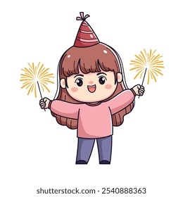 Cute cartoon girl celebrating new year or birthday party chibi kawaii