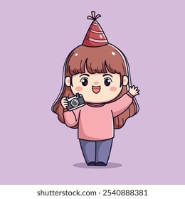 Cute cartoon girl celebrating new year or birthday party chibi kawaii