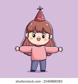 Cute cartoon girl celebrating new year or birthday party chibi kawaii