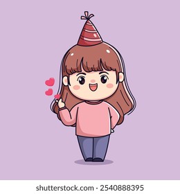 Cute cartoon girl celebrating new year or birthday party chibi kawaii