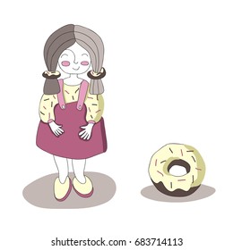 Cute cartoon girl character and donut, vector illustration in simple style. Isolated on white background.