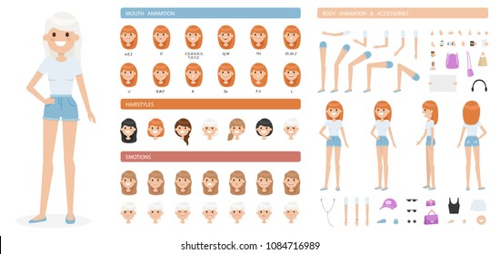 Cute cartoon girl character set isolated on a white background. Collection of emotions, hairstyles, accessories. Mouth and body animation. Simple design. Flat style vector illustration.