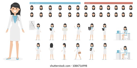 Cute cartoon girl character set isolated on a white background. Collection of emotions, hairstyles, accessories. Mouth and body animation. Simple design. Flat style vector illustration.