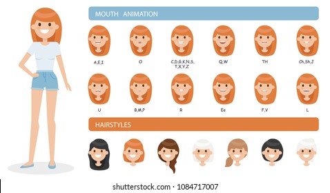 Cute cartoon girl character set isolated on a white background. Collection of emotions and hairstyles. Mouth animation. Simple design. Flat style vector illustration.