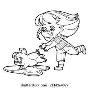 Cute cartoon girl chasing the piglet outlined for coloring page on white background