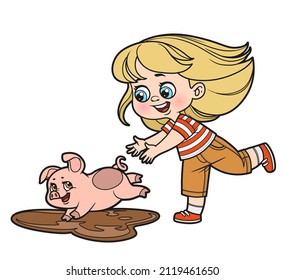 Cute cartoon girl chasing the piglet color variation for coloring page on white background
