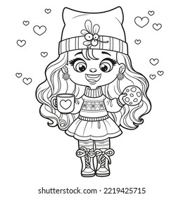 Cute cartoon girl with chocolate chip cookies and a cup in hands coloring page on a white background