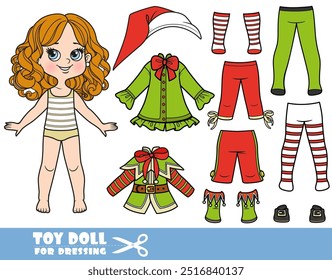 Cute cartoon girl with Christmas Elf costume constructor with hat, jackets, tights, boots and breeches. Image produced without the use of any form of AI software at any stage.