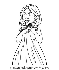 Cute cartoon girl with closed eyes smiles. Hand drawing vector illustration in black outline on a white background. Coloring page