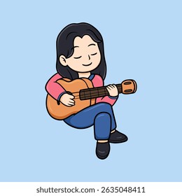Cute cartoon girl with closed eyes, playing acoustic guitar, ideal for music and children’s content.