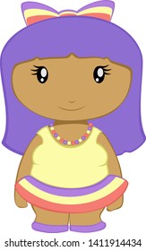 Cute cartoon girl in a colorful dress with purple hair.