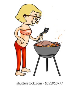 Cute cartoon girl cooking grilled meal at barbecue. Vector isolated hand drawn character.