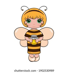 Cute cartoon girl in costume bee. Vector illustration, isolated on white background.