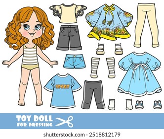 Menina de desenho animado bonito com construtor de fantasia com meias, sapatos, vestido, camisa de grandes dimensões e shorts. Imagem produzida sem a utilização de qualquer forma de software de IA em qualquer fase.