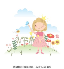 cute cartoon girl with crown and magic wand between garden. vector illustration