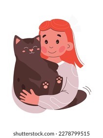 Cute cartoon girl cuddle black cat flat icon. Vector illustration