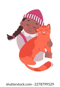 Cute cartoon girl cuddle red cat flat icon. Vector illustration