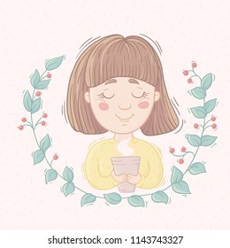 Cute cartoon girl with cup of aromatic coffee. Harmony and relax. Hand drawn.