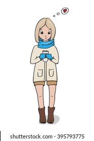 Cute cartoon girl with the cup of coffee.