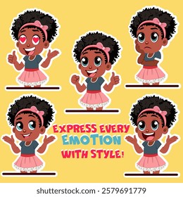 A cute cartoon girl with curly hair and a pink bow displays five different emotions: happiness, excitement, confusion, love, and enthusiasm. 