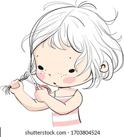 Cute cartoon girl cuts her hair with scissors