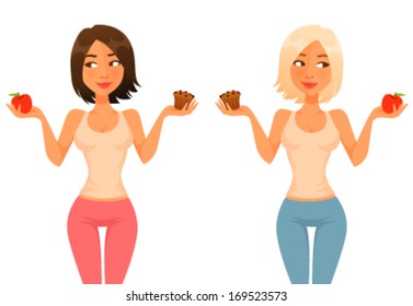 cute cartoon girl deciding between an apple and chocolate muffin - suitable for diet concept