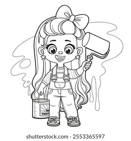 Menina de desenho animado bonito em um macacão de jeans com um balde de tinta e rolo fazendo reparos esboçados para colorir página. Imagem produzida sem a utilização de qualquer forma de software de IA em qualquer fase.