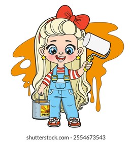 Cute cartoon girl in a in denim overalls with a bucket of paint and roller making repairs. Image produced without the use of any form of AI software at any stage.