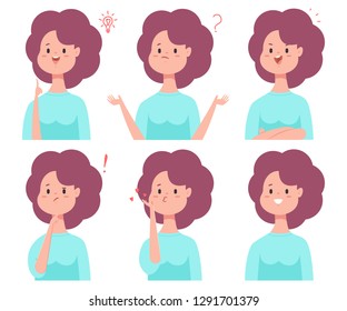 Cute cartoon girl with different emotions: smile, puzzled, thinking, confused, in love and with idea. Vector flat woman character set isolated on a white background.