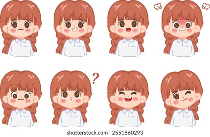 Cute cartoon girl in different facial expressions set isolated vector illustration.