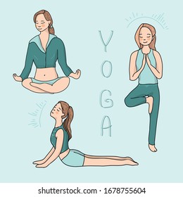 Cute cartoon girl in different yoga pose. Vector illustration. Namaste, meditation