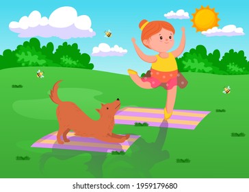Cute cartoon girl doing yoga with dog outdoors. Female child on yoga mat doing exercises and poses, domestic animal looking at owner flat vector illustration. Yoga, pets, healthy lifestyle concept