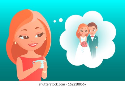 Cute cartoon girl dreams about her wedding. Represents in thoughts himself with the groom in festive dresses. Vector romantic illustration about love and happiness.
