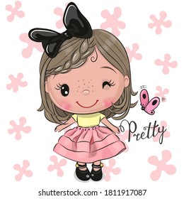 Cute Cartoon Girl in dress with a black bow