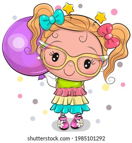 Cute Cartoon Girl in a dress with bows and a purple balloon