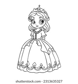 Cute cartoon girl dressed ball dress and tiara outline for coloring on a white background