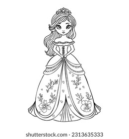 Cute cartoon girl dressed ball dress and tiara outline for coloring on a white background
