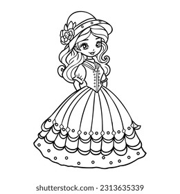 Cute cartoon girl dressed ball dress and tiara outline for coloring on a white background