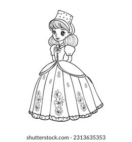 Cute cartoon girl dressed ball dress and tiara outline for coloring on a white background