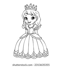 Pequeña caricatura de muchacha vestida con vestido de pelota y esquema de tiara para colorear sobre un fondo blanco