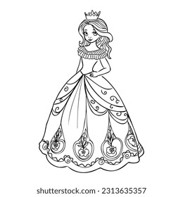 Cute cartoon girl dressed ball dress and tiara outline for coloring on a white background