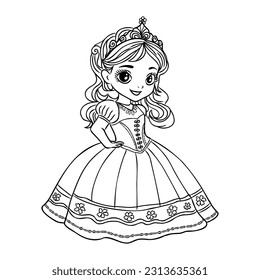 Cute Cartoon-Mädchen mit gekleidetem Ball-Kleid und Tiara-Umriss für die Färbung auf weißem Hintergrund